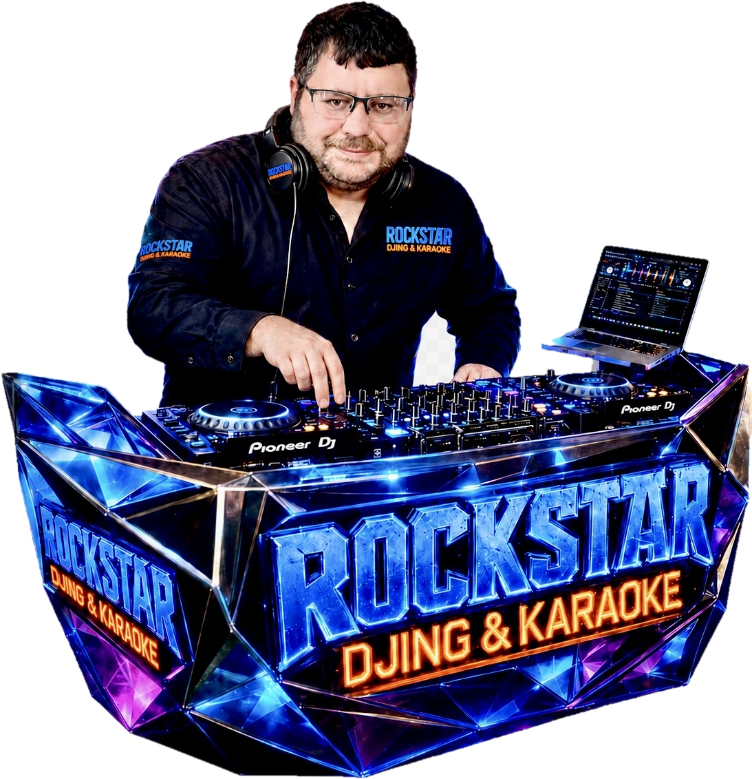 DJ Rockstar performing behind the Rockstar DJing and Karaoke booth